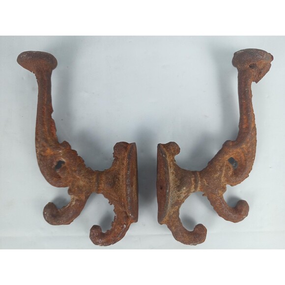 Pair Of Very Old Rustic Cast Iron Double Hangers Hat/Coat Barn Country House - Picture 6 of 7